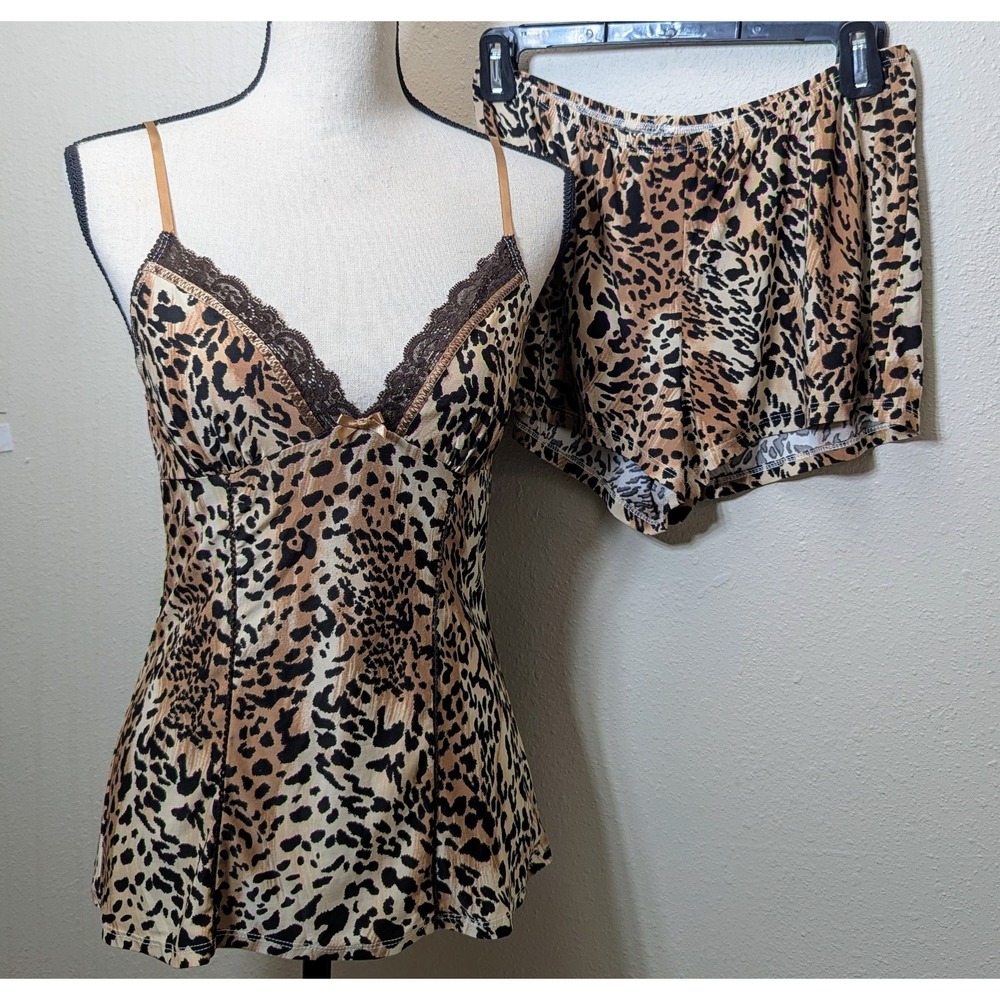 Womens Small 2 Pc Babydoll Cami & Shorts PJ Set Leopard Festival Vacay Summer